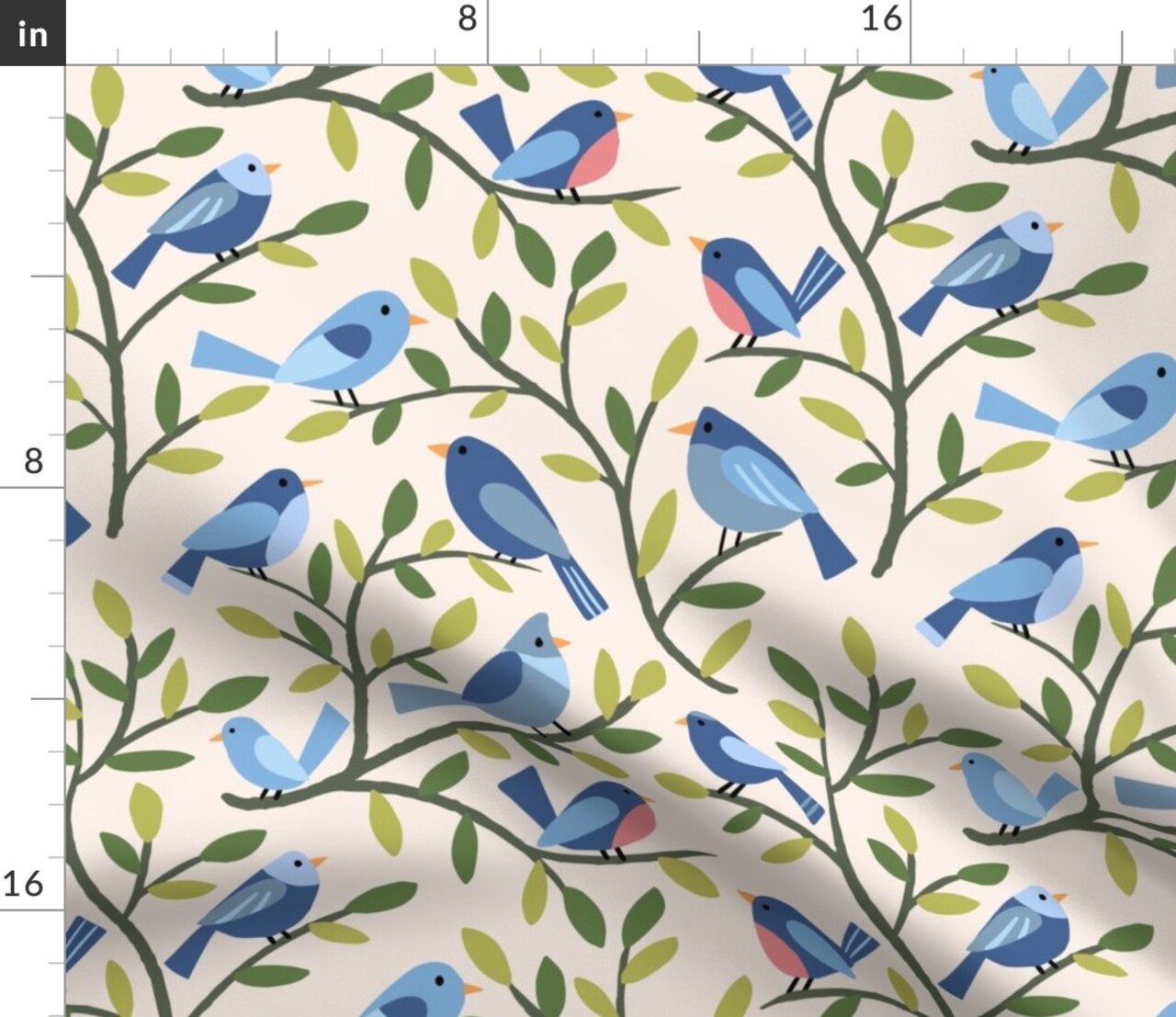 Blue Birds Leaves Nature Forest Woodland Backyard Custom Printed Fabric by Spoonflower Various Fabrics by the Yard or Fat Quarter